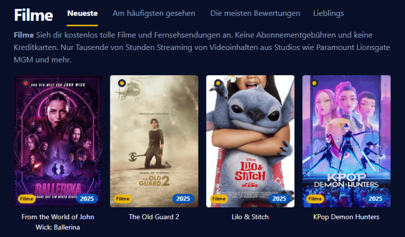 Screenshot der Filmpalast Benutzeroberfl&auml;che verschiedene Filmtitel und Serienepisoden